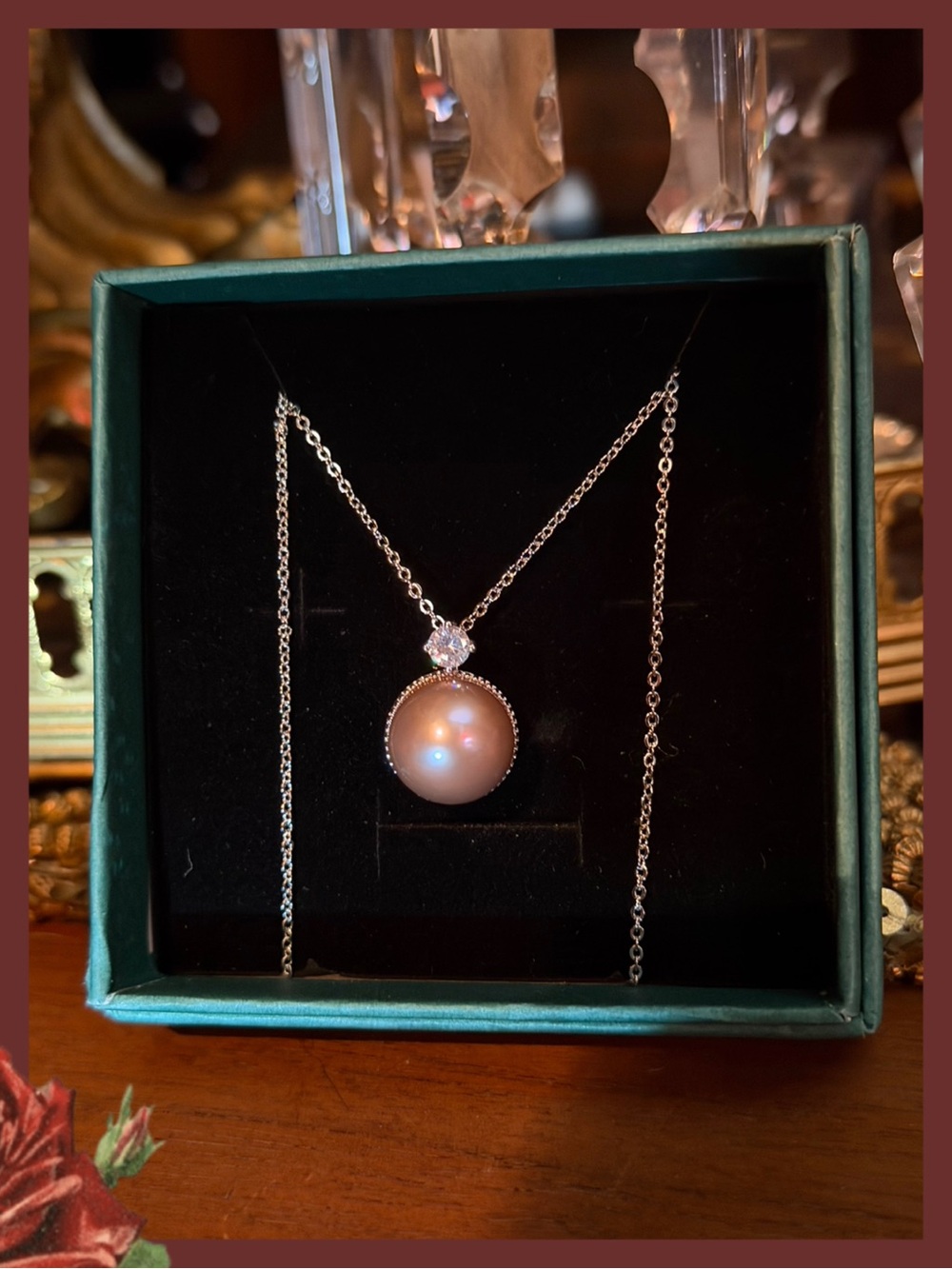 Beautiful Champagne Pearl Pendant Necklace with Sparkling Accent